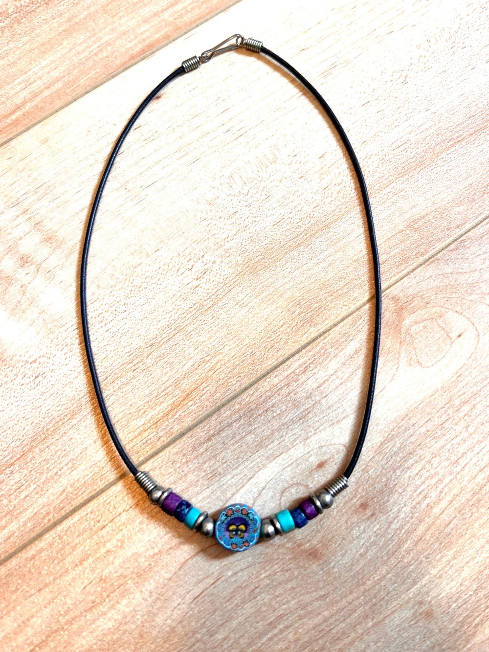Vintage 90s Black Corded Necklace With Polymer Clay Butterfly Bead